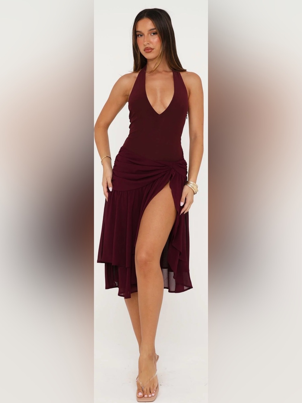 White Fox Boutique Burgundy High-Slit Ruched Dress